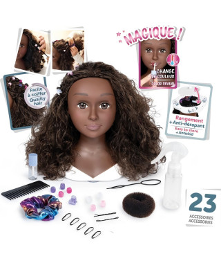 Smoby - Tete a coiffer cheveux afro - Facile a coiffer - 23 accessoires réalistes - Levres thermosensibles - Trappe de rangement