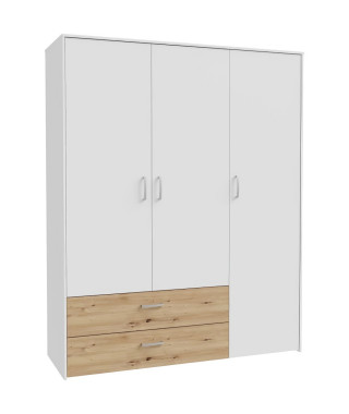 Armoire de chambre - Blanc mat / Chene artisan - 3 portes et 2 tiroirs - 152,8 x 52,7 x 190,8 cm
