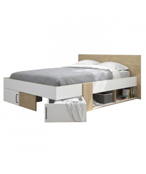 DIAGONE Lit  adulte avec tiroirs de rangement  - Chene et blanc - 140 x 190 - SWIVEL