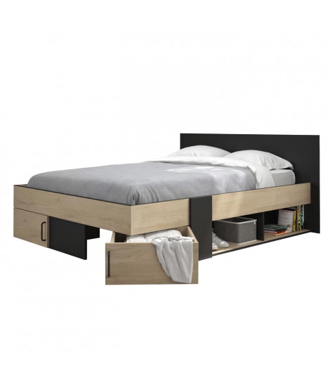 DIAGONE Lit adulte avec tiroirs de rangement  - Chataignier et noir - 140 x 190 - SWIVEL