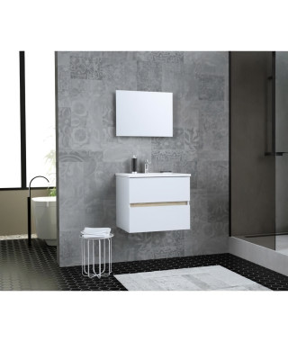 TOTEM Salle de bain 60cm - 2 tiroirs fermetures ralenties - simple vasque en céramique + miroir