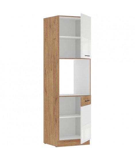 ROCK - Colonne - Mélaminé chene Lancelot et Blanc brillant - 60 cm - 2 portes