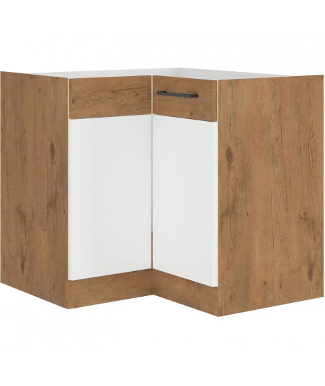 ROCK - Meuble bas d'angle - Mélaminé chene Lancelot et Blanc brillant - 89 x 89 cm