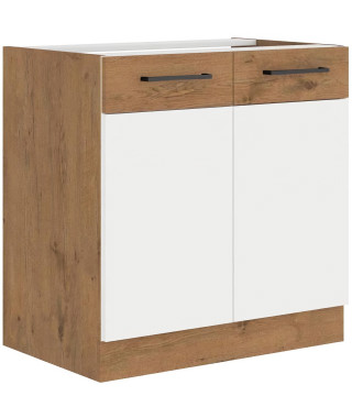 Rock - Meuble sous évier - Mélaminé chene Lancelot et Blanc brillant - 80 cm - 2 portes battantes