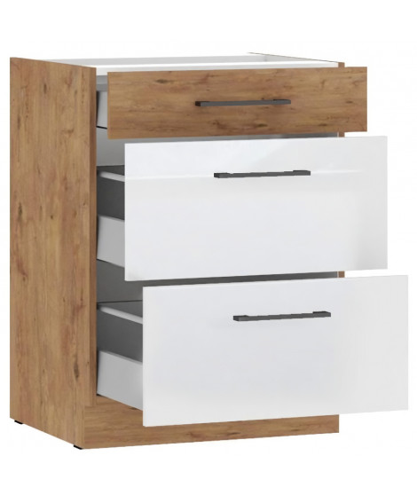 ROCK - Meuble bas casserolier - Mélaminé chene Lancelot et Blanc brillant - 60 cm - 3 tiroirs