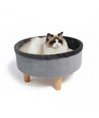 Lit rond surélevé - M PETS - ROUND - Gris - 47 x 47 x 26 cm - Pied en bois - Coussin doux