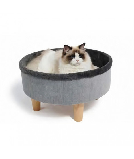 Lit rond surélevé - M PETS - ROUND - Gris - 47 x 47 x 26 cm - Pied en bois - Coussin doux