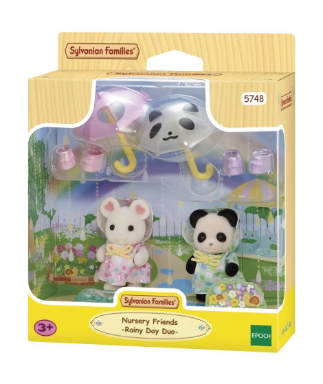 Figurines Articulées - SYLVANIAN FAMILIES - Duo Bébés en Habits de Pluie - Panda et Souris Marshmallow