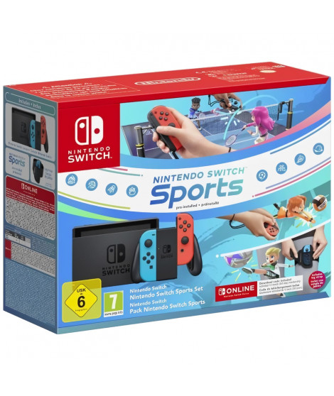 Console Nintendo Switch  Bleu Néon & Rouge Néon + Nintendo Switch Sports (Pré-installé) + 12 mois d'abonnement NSO (Code)