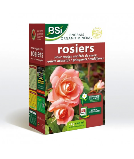 BSI - Engrais Bio Rosiers - Pour Toutes les Sorte de Roses - Floraison Éclatante - Action Longue Durée - 4kg - Jusqu'a 40 m²