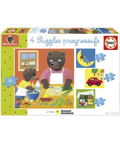 Puzzle - EDUCA - Petit Ours Brun : 4 puzzles progressifs pour enfants de 12 a 25 pieces des 3 ans