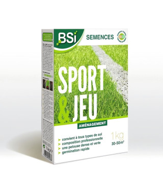 BSI - Semences de Gazon - Sport & Jeu - Avec Enrobage Protecteur - Haute qualité - jusqu'a 50 m² - 1Kg