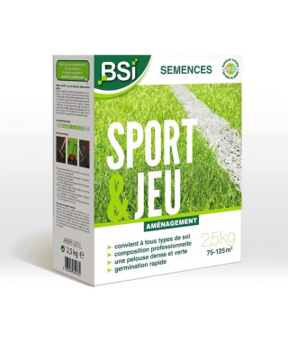 BSI - Semences de Gazon - Sport & Jeu - Avec Enrobage Protecteur - Haute qualité - jusqu'a 125 m² - 2,5Kg