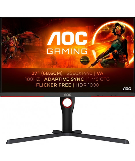 Écran PC - AOC - Q27G3XMN - 27 QHD - MiniLED - 180Hz - 1ms - Ajustable en hauteur - 2 HDMI 1 DP -  Adaptive Sync - Noir