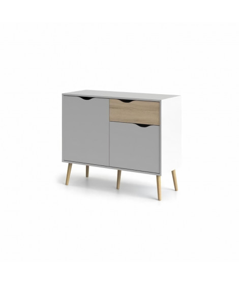 Commode 2 portes, 1 tiroir - Blanc / Chene - Pietement évasé en bois massif - 98,7 x 39,1 x 81,7 cm - TVILUM