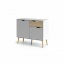 Commode 2 portes, 1 tiroir - Blanc / Chene - Pietement évasé en bois massif - 98,7 x 39,1 x 81,7 cm - TVILUM
