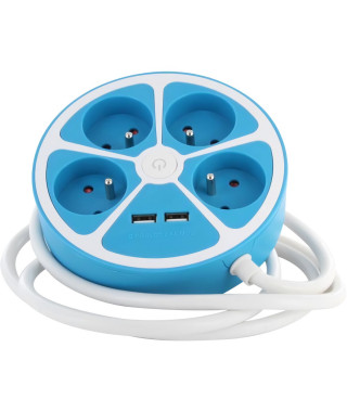 Multiprise design circulaire - CHACON -  4X16 A - Cordon 1,5 m - Avec 2 USB-A + Interrupteur - Bleu