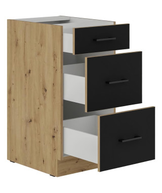 Meuble bas casserolier - 40 cm - 3 tiroirs - Chene artisan et noir mat - CUISINIER