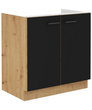 Meuble sous evier - MODENA - 80 cm - 2 portes battantes - Chene artisan et noir mat - CUISINIER