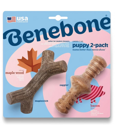 Benebone Puppy Lot de 2 Jouets a mâcher pour chiots durables saveur bacon, bois d'érable véritable