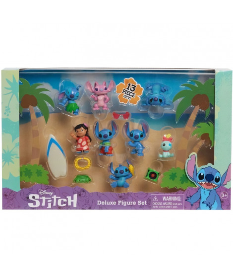 Figurines et accessoires - LICENCE /STITCH - Coffret Deluxe - 13 figurines et accessoires, Stitch dans 5 poses, planche de surf