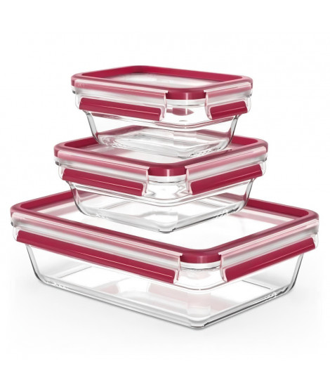 TEFAL Masterseal Fresh Lot 3 Boîtes de conservation, Verre, 0,45L / 0,8L / 2L, Conservation, Empilable, Compatible four N1050910