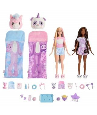Barbie - Cutie Reveal Soirée Pyjama - Coffret rempli de surprises avec 2 poupées articulées et 35+ accessoires