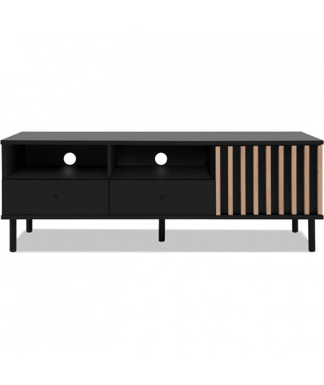 Meuble TV - MONZA - Noir / Chene artisan - 2 tiroirs, 2 niches ouvertes, 1 porte - 138 x 49 x 40 cm