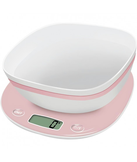 Balance de cuisine électronique - TERRAILLON - Macaron Rose + Bol - Capacité 5 kg - Graduation 1 g - Conversion liquides