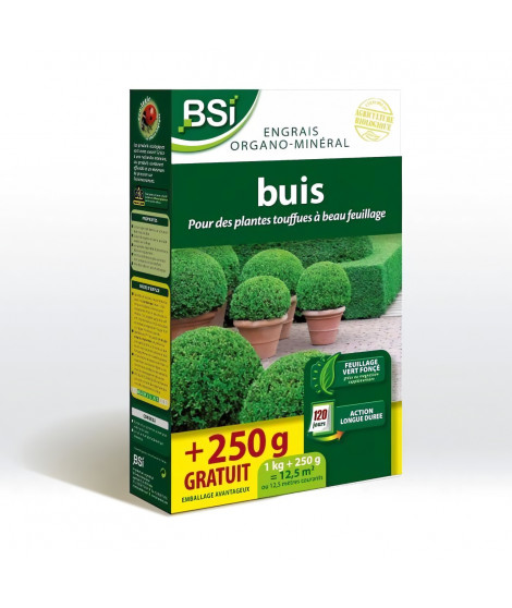 Engrais Buis - BSI - Bio - Feuillage étincelant et vert fonçé - Action longue durée - 1Kg  + 250g gratuit - Jusqu'a 12,5 m²