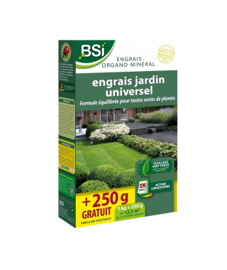 Engrais Bio universel - BSI - Végétaux multiples - Gazon, potager, fleurs - Action longue durée - 1Kg  + 250g gratuit - 12,5 m²
