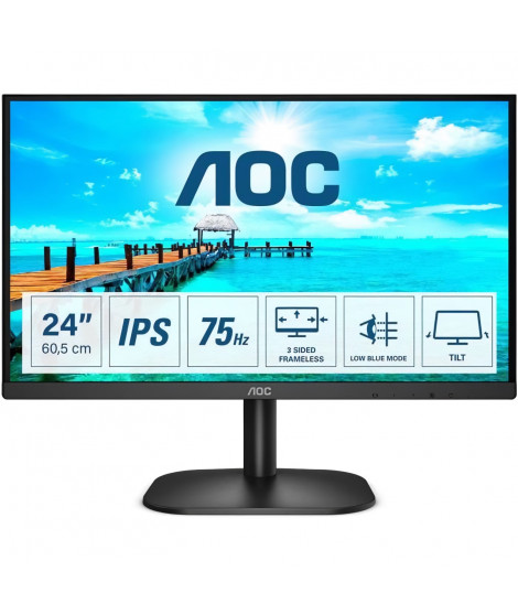 Écran PC - AOC 24B2XH - 23,8 FHD - Dalle IPS - 75Hz - 4ms - HDMI/VGA - LowBlue/Flicker-Free - VESA 100x100 - Noir