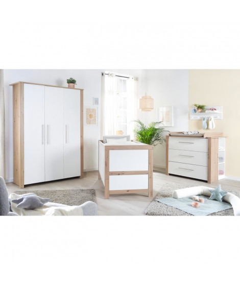 Chambre Bébé Complete ROBA - Malo - Lit Évolutif 70x140 cm + Commode a Langer + Armoire 3 Portes - Blanc - Décor Chene