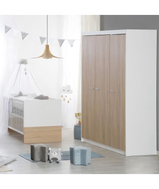 Chambre bébé complete - Lit évolutif 70 X 140 cm + Commode a langer + Armoire 3 portes - ROBA - Bicolore blanc / décor chene …