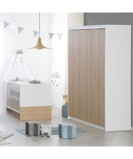 Chambre bébé complete - Lit évolutif 70 X 140 cm + Commode a langer + Armoire 3 portes - ROBA - Bicolore blanc / décor chene …