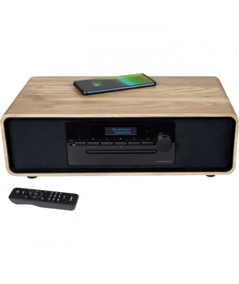Micro-chaîne Bluetooth - THOMSON - Bois/Noir - Radio FM/DAB+/CD/MP3/USB/Induction, 75W, Affichage LCD, Télécommande, Alim. 230V