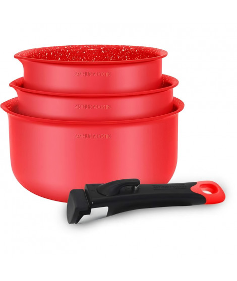 Batterie de cuisine - ARTHUR MARTIN - AMR28 - Set de 3 casseroles - 16-18-20 cm + 1 poignée amovible - Tous feux dont induction