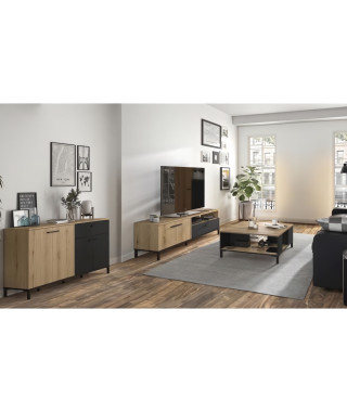 Ensemble meuble TV, table basse et buffet bas - TRUST - Chene / Noir - GAMI