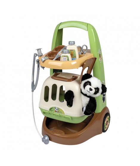 Smoby - Chariot Vétérinaire  de Zoo - Peluche Panda - Nombreux accessoires inclus - Produit 2 en 1 : Cage de transport - Fabr…