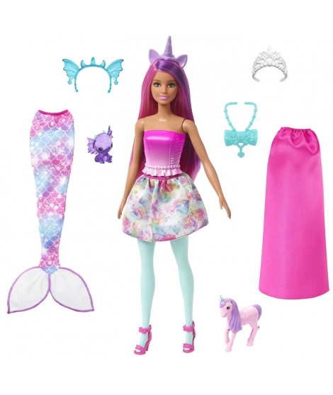 Barbie Coffret Poupée Il Était Une Fois Transformable en Sirene Ou Royal, Bébé Dragon Et Licorne, a partir de 3 Ans, HLC28