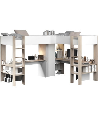 Lit double mezzanine combiné enfant ALEXANDRA avec 2 bureaux et rangements - 2x90x200 cm - Blanc/Chene - Sommiers inclus - PA…