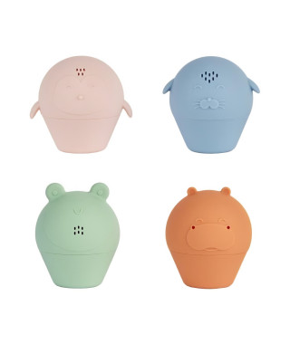 Badabulle Lot de 4 Aspergeurs de bain - Jouets de Bain en Silicone Souple - S'ouvrent pour etre lavés