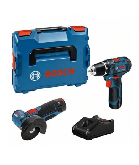 Pack 2 outils BOSCH Perceuse-visseuse GSR 12V-15 + Meuleuse angulaires GWS 12V-76 + 2 batteries 2Ah 12V + chargeur en L-BOXX