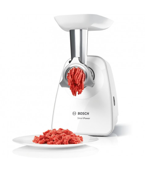 Hachoir a viande SmartPower - BOSCH - MFW2520W - 2 grilles de hachoir - Garnisseur de saucisses - Blanc