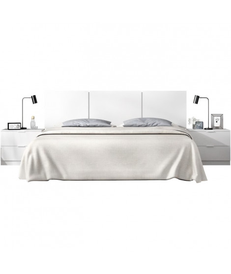 Ensemble tete de lit en 3 parties + 2 tables de nuit avec 2 tiroirs - HAVANA - Blanc - 256,8 x 34,2 x 96 cm