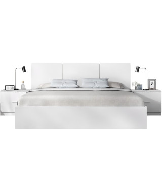 Ensemble structure de lit + tete de lit en 3 parties et 2 tables de nuit avec 2 tiroirs - HAVANA - 140 x 190 cm - Blanc