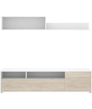 Meuble de salon TV compact - BAY - 2 portes - Chene clair / Blanc - 180 x 35 x 44 cm