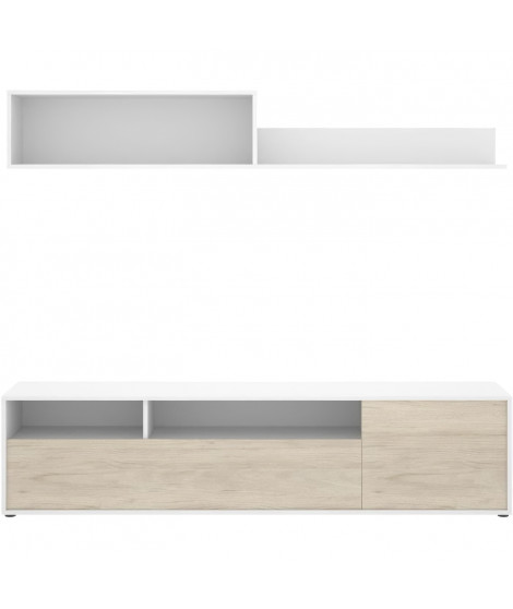 Meuble de salon TV compact - BAY - 2 portes - Chene clair / Blanc - 180 x 35 x 44 cm