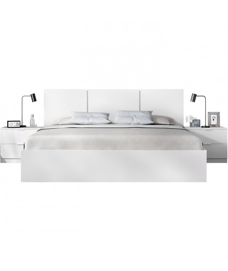 Ensemble structure de lit + tete de lit en 3 parties et 2 tables de nuit avec 2 tiroirs - HAVANA - 160 x 200 cm - Blanc