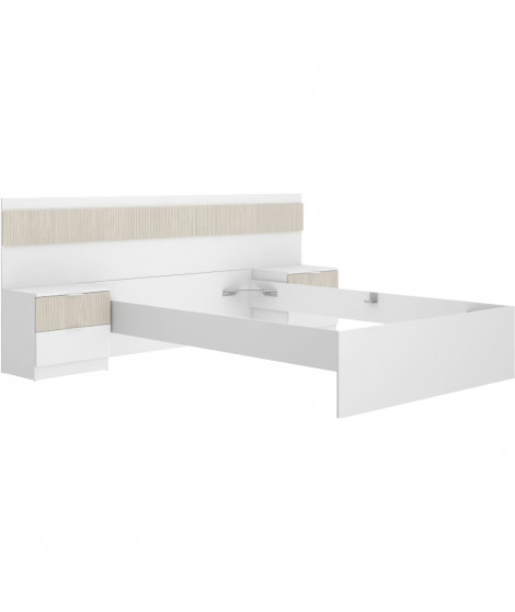 Ensemble structure de lit + tete de lit et 2 tables de nuit avec 2 tiroirs - BIANCA - 140 x 190 cm - Blanc / Bois